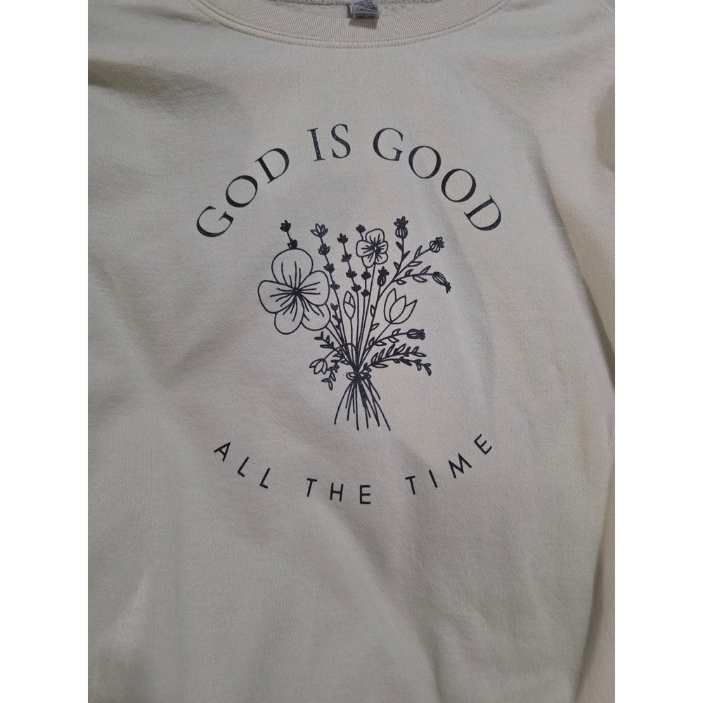 Gildan God Is Good All The Time Floral Graphic Sweatshirt Beige Large - Picture 4 of 4
